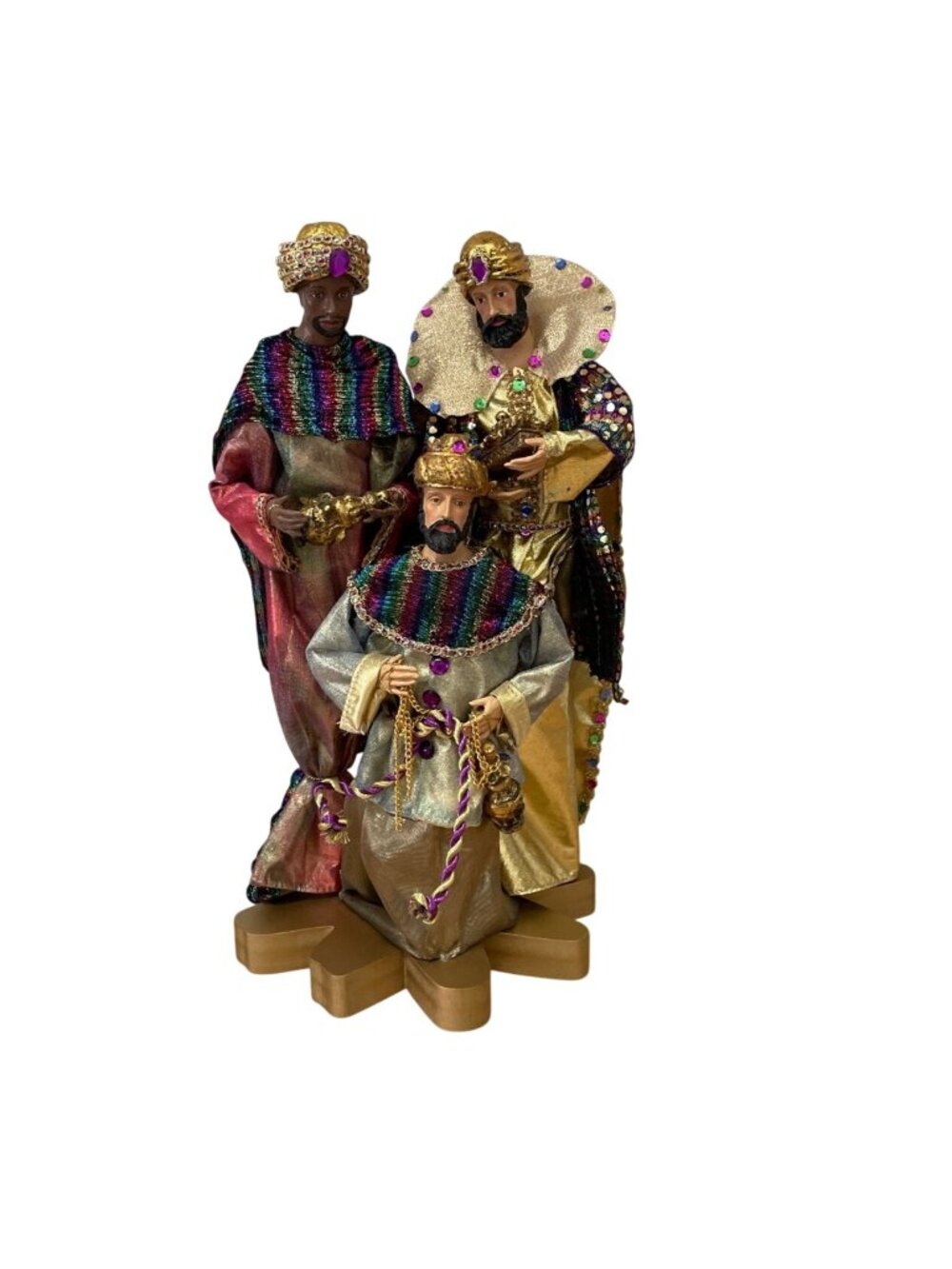 Hand-Painted Three Wise Men Figurine With Gold & Multicolor Robes On Gold Base